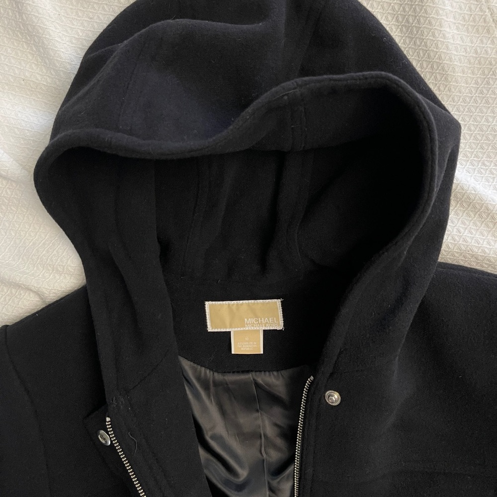 Michael Kors Black Wool Zip Snap Button Front Hooded Pocket Mid Knee Overcoat - Picture 8 of 11